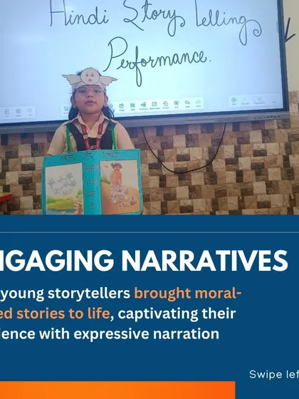 Our young storytellers bring moral-based stories to life with engaging narratives. This student, dressed as a character from her story, captivates her audience with an expressive and confident performance.