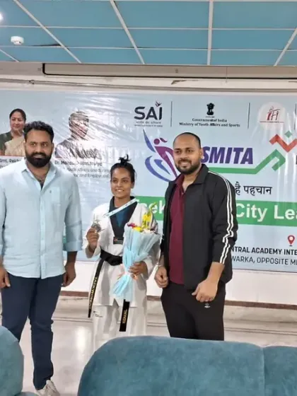 Celebrating a gold medal win at the Asmita Taekwondo City League. This league provides a great platform for our female fighters.
