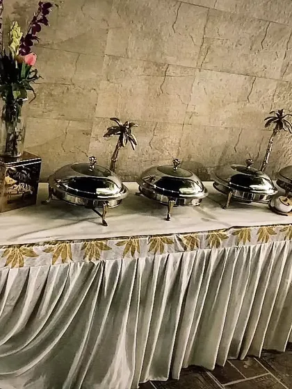 Catering for one of my regular clients in Sainik Farms. This setup shows a classic white and gold theme, which is always a sophisticated choice for any event.