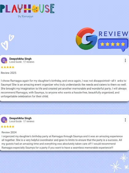 A screenshot of a glowing 5-star Google review from a repeat customer, praising the seamless and memorable experience for her daughter's birthday.