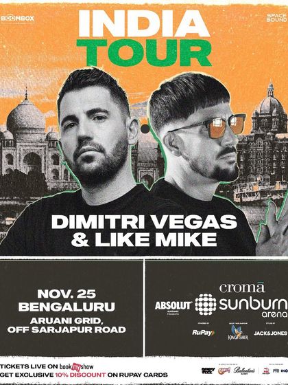 The official poster for the Dimitri Vegas & Like Mike India Tour, with Aruani Grid listed as the official Bengaluru venue.