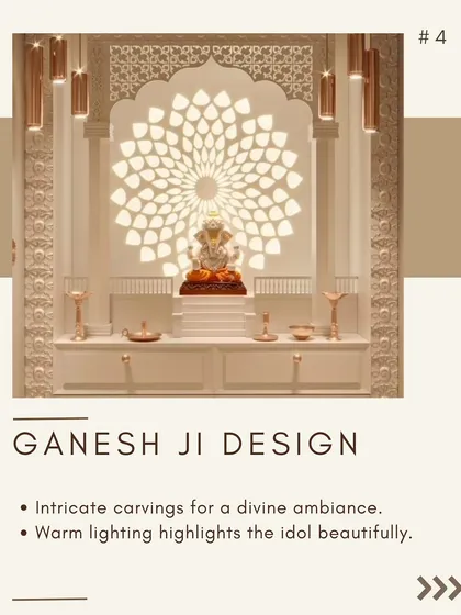 This custom puja room design blends tradition with modern aesthetics. The backlit jaali panel with an intricate Ganesh Ji design serves as a divine focal point, complemented by warm lighting and clean, minimalist storage.