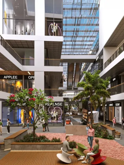 We reimagined the retail center at V'lante as a community hub. This interior view shows a social plaza with integrated seating and landscaping, creating a space for interaction and engagement beyond just shopping.