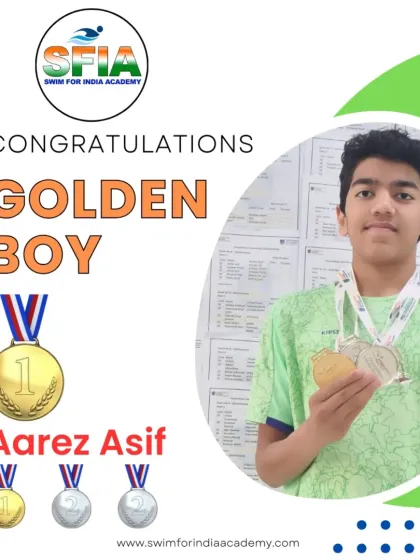The first gold medal of the season for Aarez Asif at the Prometheus swimming championship, where he also won two silvers.