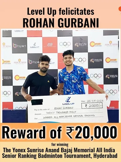 We believe in rewarding excellence and investing in our players' careers. Here, our senior player Rohan Gurbani receives a cash award of ₹20,000 for his victory at an All India Senior Ranking Tournament. This is part of our commitment to supporting our athletes financially as they dedicate themselves to the sport.