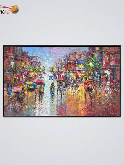 A rainy street scene by Tejinder Kanda, where the reflections on the wet road create a beautiful, impressionistic effect.