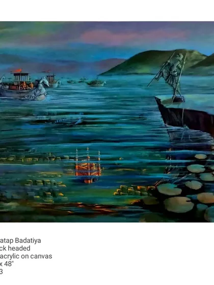 Titled 'Thick headed,' this 36 by 48-inch acrylic painting from 2023 presents a dreamlike waterscape. The work juxtaposes figures and boats in a surreal narrative about perception and the journeys we undertake, both physically and mentally.
