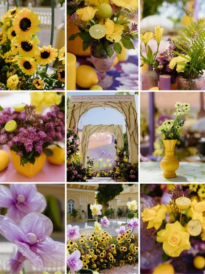 A collage of the stunning floral details from the pastel Haldi. From sunflowers and lemons in the centerpieces to the grand floral entrance arch, every element was perfectly coordinated.