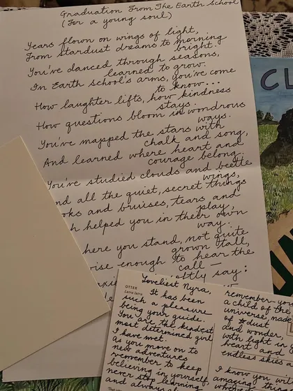 A handwritten poem and heartfelt notes for a graduate. These personal, handmade gifts are a testament to the deep, meaningful relationships that are formed within our school community.