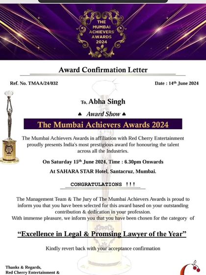 The official award confirmation letter for "Excellence in Legal & Promising Lawyer of the Year." I am truly humbled by this recognition of my decade-long legal journey and my work in Public Interest Litigations.