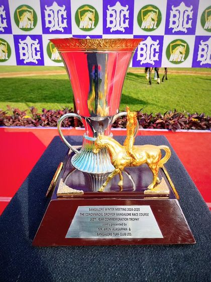 The Coromandel Gromor Commemoration Trophy, featuring a jockey and horse figurine.