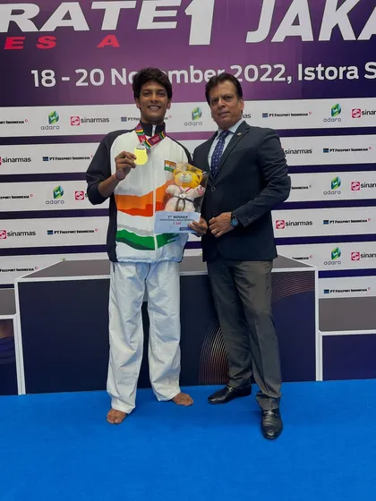 With Pranay Sharma after his gold medal win at the Karate1 Series A event in Jakarta. Success at these ranking tournaments is crucial for Olympic qualification.