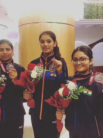 My student Aadya Tripathi with her team after winning a silver medal in the Shotgun event at the 14th Asian Championship in Doha.