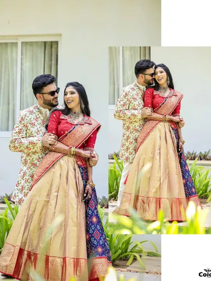 A diptych showcasing the couple's beautiful and colorful Haldi outfits.