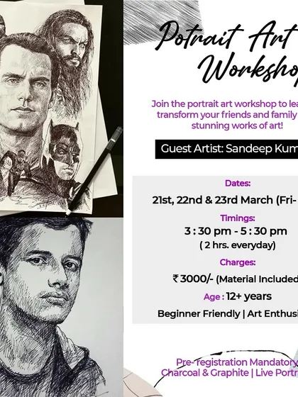 An advertisement for my Portrait Art Workshop, focusing on charcoal and graphite techniques. These courses are beginner friendly and designed for anyone over 12 years old who wants to learn how to draw realistic portraits.