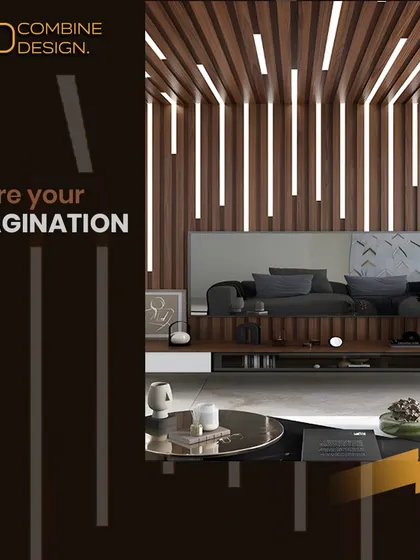 Share your imagination, and we will build your reality. This graphic showcases a stunning living room with innovative wood and light paneling.