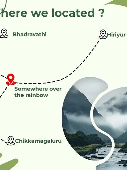 This map shows the strategic location of our 'Somewhere Over The Rainbow' project, nestled conveniently between Bhadravathi, Hiriyur, and Chikkamagaluru, making it an accessible yet secluded retreat.