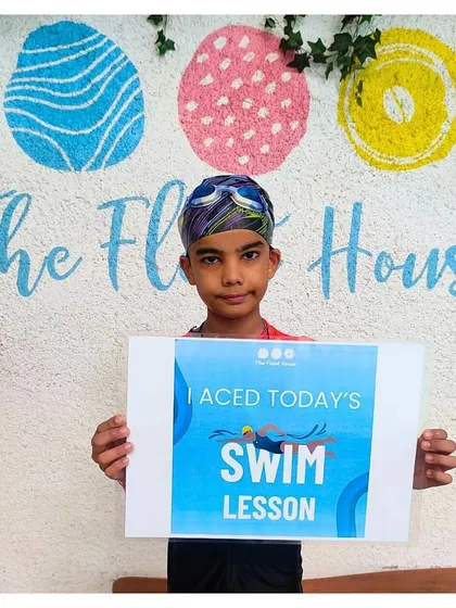 He aced today's swim lesson. We use these fun signs to acknowledge the hard work and progress our young swimmers make every day.