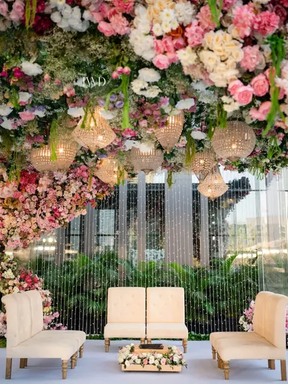 The view from the mandap, looking out from under the canopy of the upside down garden. The hanging crystal chandeliers add a touch of glamour, catching the light and sparkling amidst the flowers.