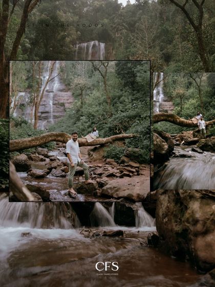 This collage captures the scale and beauty of a waterfall shoot, showing the couple as part of the vast, natural landscape.