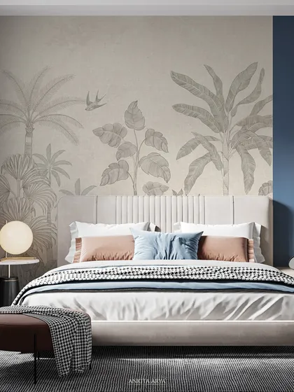 My bespoke tropical wallpaper in a bedroom, where the large-scale, monochromatic palm illustrations create a calm and sophisticated retreat.