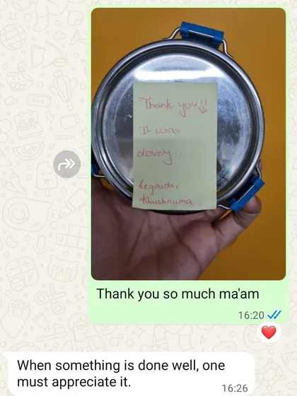 When a customer sends back a thank you note on their tiffin, it feels like home has found its way back to us. This little note from Khushnuma made our day.