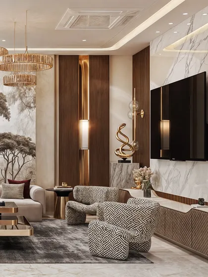 This angle showcases the media wall, where a marble backdrop contrasts with gold accents and a sculptural art piece.