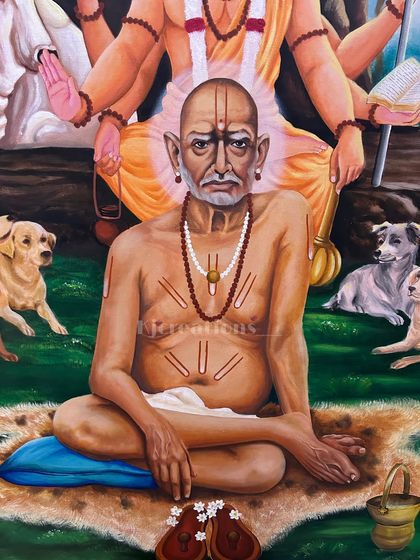 A close-up detail of the Swami Samarth painting. I focused on capturing a serene and knowing expression, with careful attention to the lines on his face and the traditional markings on his body.