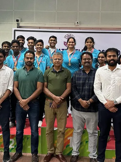 Our team of medal winners with coaches and officials at the Nagaraja Jagdale State Shooting Competition, celebrating a total of 34 medals.