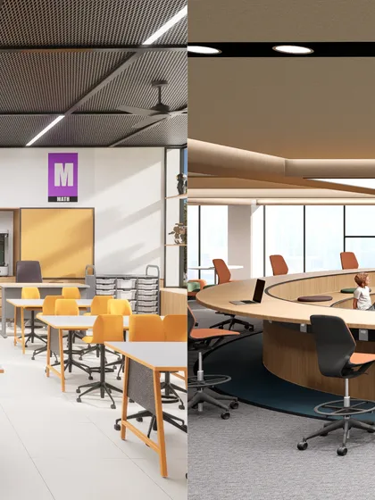 Another comparison of spaces at Heritage Xperiential Learning School, showing a flexible classroom with movable furniture and a tiered discussion room. Our designs are open to change, integrating technology and supporting new teaching methods.