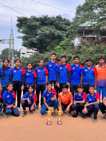 The combined sub-junior boys and girls teams after their successful run in the district-level netball championship.