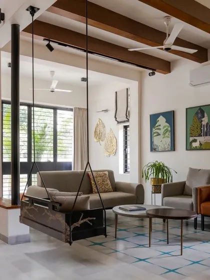 For this Hyderabad residence, we collaborated on an interior that feels both contemporary and grounded. The custom swing, patterned floor tiles, and natural textures come together to create a sophisticated living space that proves sustainable design can be elegant and modern.