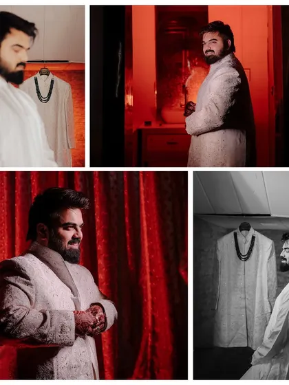 This collage focuses on the groom's preparation. We capture him getting dressed in his sherwani, using a mix of dramatic red lighting and classic black and white to create a stylish and masculine set of portraits.