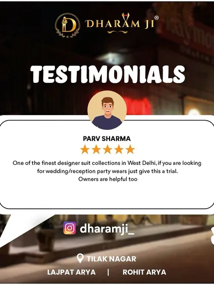 A testimonial from Parv Sharma, who calls our collection one of the finest in West Delhi for wedding and reception wear. I'm grateful for his kind words.