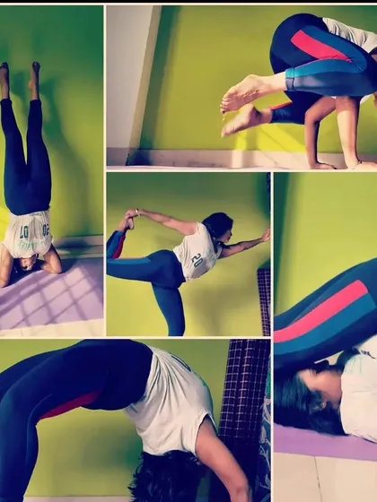 A collage of my practice, showcasing a range of asanas from inversions like headstand to arm balances like Bakasana (crow pose) and backbends like Chakrasana (wheel pose). This variety keeps the practice engaging and holistic.