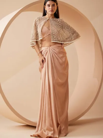 Elegance with an edge. This contemporary drape saree in a muted gold, paired with a hand-embellished cape, is for the queen who owns her power quietly. It’s the perfect fusion of modern structure and traditional grace, designed to make you feel unstoppable.