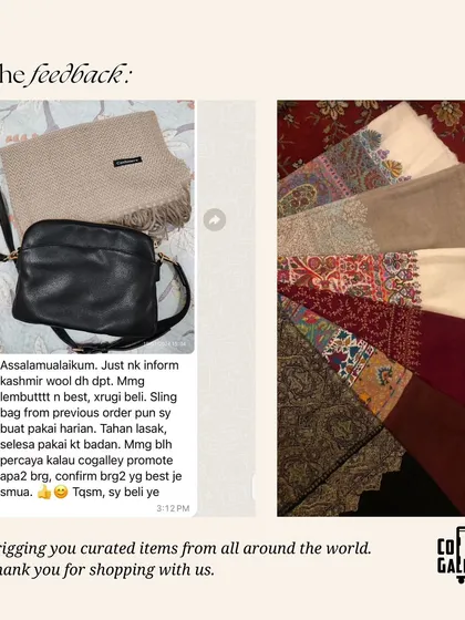 Another feedback collage combining a customer's kind words with photos of the items she purchased.