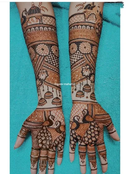 A beautiful design featuring peacocks on the palms, with hanging jhumkas and architectural domes on the arms.