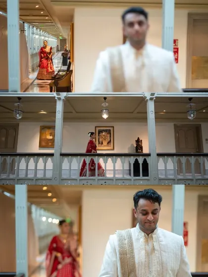 A creative collage showing the "first look" from multiple angles, building anticipation and capturing the groom's reaction.