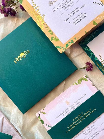 An elegant invitation suite for a Tulsi Vivaah ceremony. I paired a deep emerald green with chrome yellow and pink, using the sacred Tulsi plant as the central design theme, complemented by gold-foiled Devanagari script.