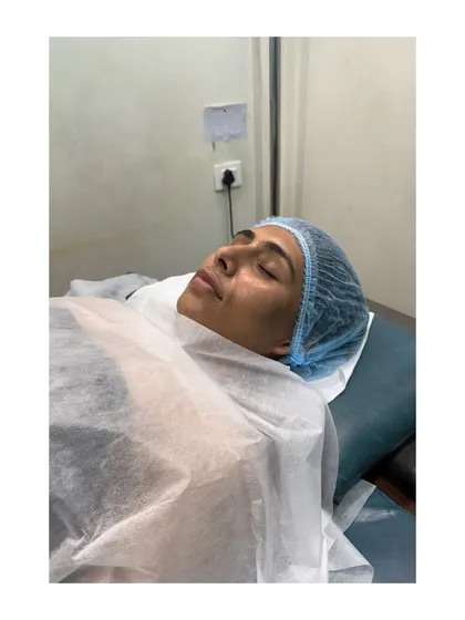 Twinkle Chourasia in a state of deep relaxation during her therapy session. The goal is to create a peaceful experience where the body and mind can truly let go.
