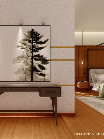 This bedroom design features a four-poster bed and a wooden accent wall, creating a warm and inviting atmosphere. A sleek desk and chair provide a functional workspace, while the artwork adds a touch of minimalist elegance.