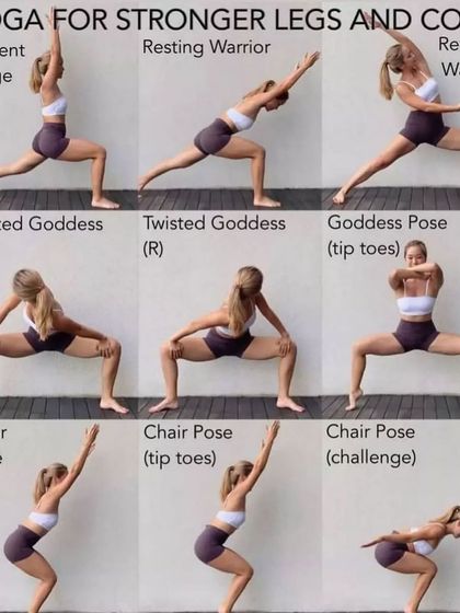 A yoga sequence for stronger legs and core. This includes powerful poses like Crescent Lunge, Goddess Pose, and various Chair Pose challenges.