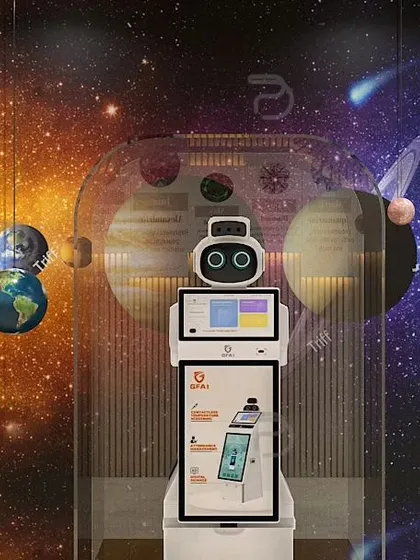 An interactive and futuristic concept for a GemLab showroom. This render showcases a unique educational display featuring a robotic guide and a solar system theme to make the customer experience more engaging and memorable.