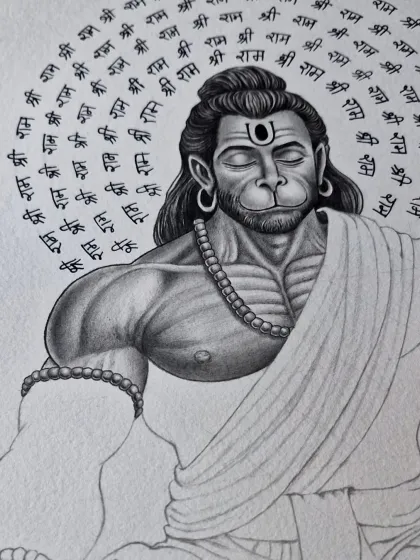 A portrait of Hanuman ji in deep meditation, with "Shri Ram" written in a circular pattern. This is a highly detailed and spiritual piece.