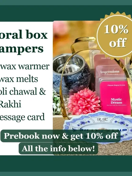 This graphic details what's inside my Floral Box Hamper. It includes a wax warmer, two wax melts, roli chawal, a Rakhi, and a customizable message card, with a special pre-booking discount.