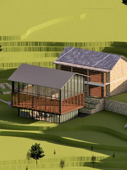Here, a modern steel, wood, and glass extension was designed to complement an existing old building on site. This approach creates a dialogue between old and new, forming a two-stepped courtyard that serves as a social hub with views of the valley.