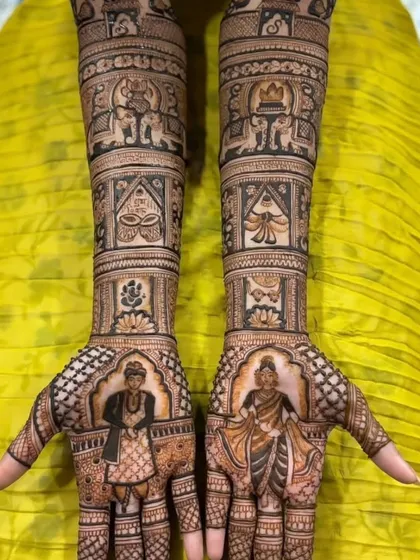 A classic portrait design of a bride and groom in traditional wedding attire.