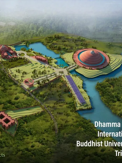 My master plan for the Dhamma Dipa International Buddhist University in Tripura, a 25-acre campus designed from a blank slate. The plan works with the site's natural contours to create a large lake, with the Dhamma Meditation Centre serving as a central, spiritual anchor for the entire development.