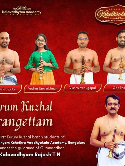 Announcing the Kurum Kuzhal Arangettam of our first batch of students. We are proud to see our students, including young girls, master this traditional wind instrument.
